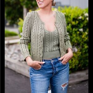 American Eagle Cable Knit Cardigan - Olive